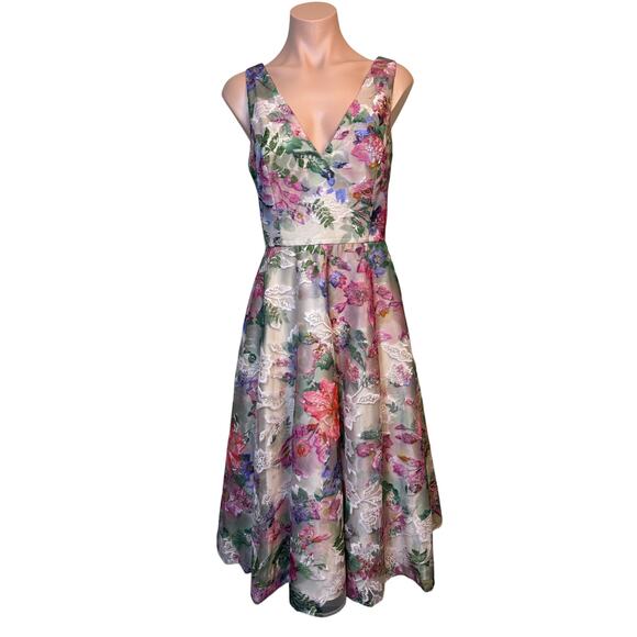 Eliza J Embroidered Floral Fit & Flare Midi Dress 8 Romantic Wedding  Cocktail